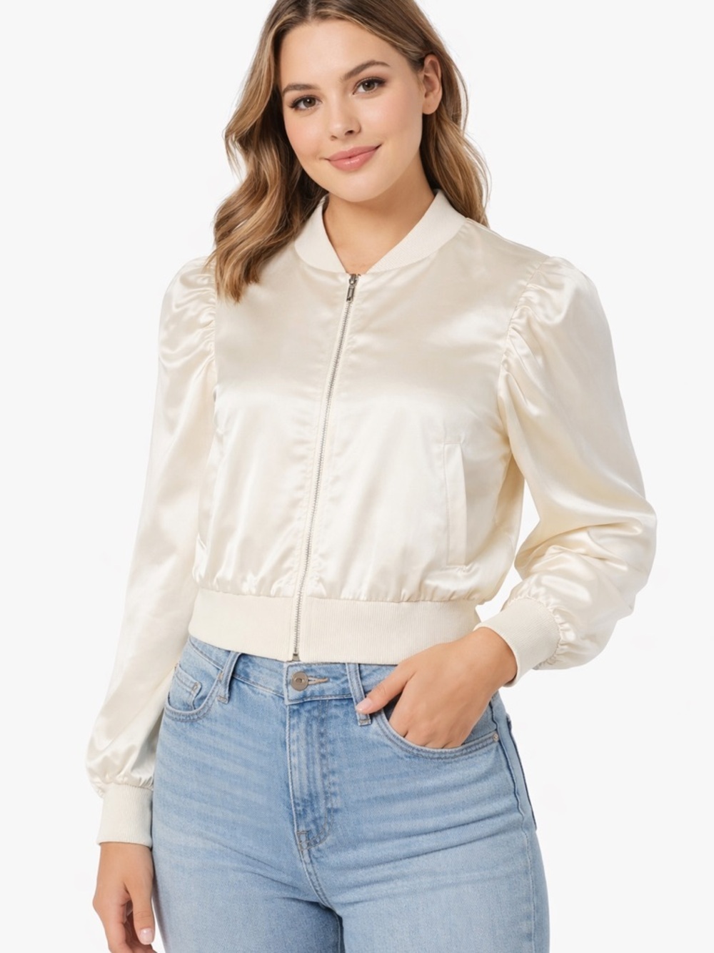 Tart Anna Satin Bomber Jacket Cropped Sporty Chic Cream S NWT - Picture 3 of 6